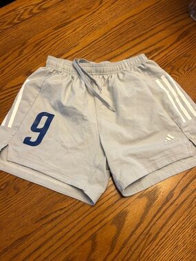 adidas Light Gray Men’s Athletic Shorts with Blue Number 9/9
